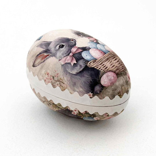 3-1/2" Grey Bunnies with Eggs Papier Mache Easter Egg Container ~ Germany